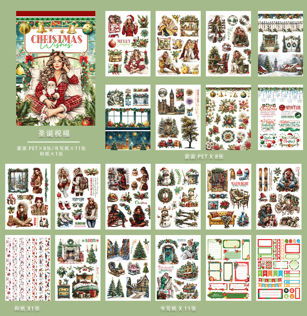 ST-B-23 Christmas hand account material with cutting and die-cutting retro hand account diary decorative landscaping flowers PET sticker book
