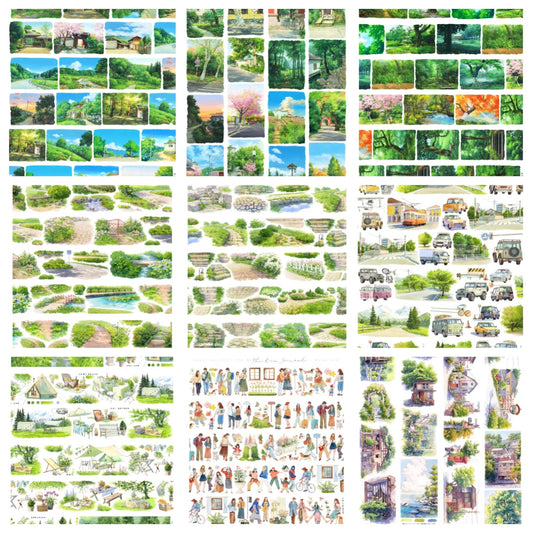 NEW A  ( Forest ,The forest path,The house in the forest,Street peple ,Wilderness ,Camping area ,Camping  tent ,Camping ,Flowers and plants ,Heavy traffic on the street,Log cabin )9 Styles LOOPS